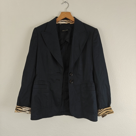 Escada Blazer Women's 36 Small Cotton Stretch Animal Print Cuffs 2 Button Jacket - Picture 2 of 15